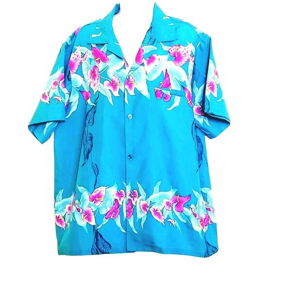 Helenas Hawaii Vintage Womens Top XL Hibiscus Print Blue Short Sleeve Button - Picture 1 of 10
